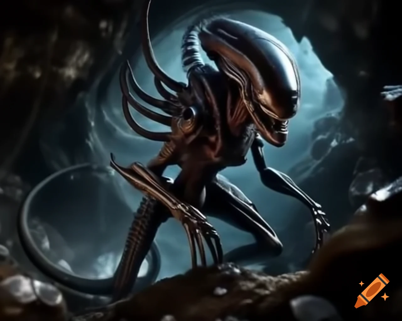 Xenomorph in cave filled with shiny diamonds