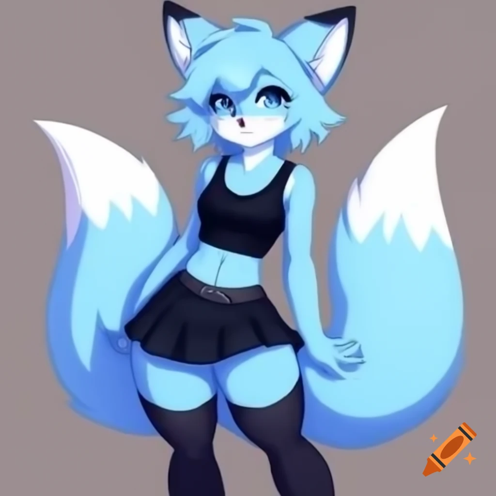 Light blue female anthro furry fox in black crop top and skirt posing shyly