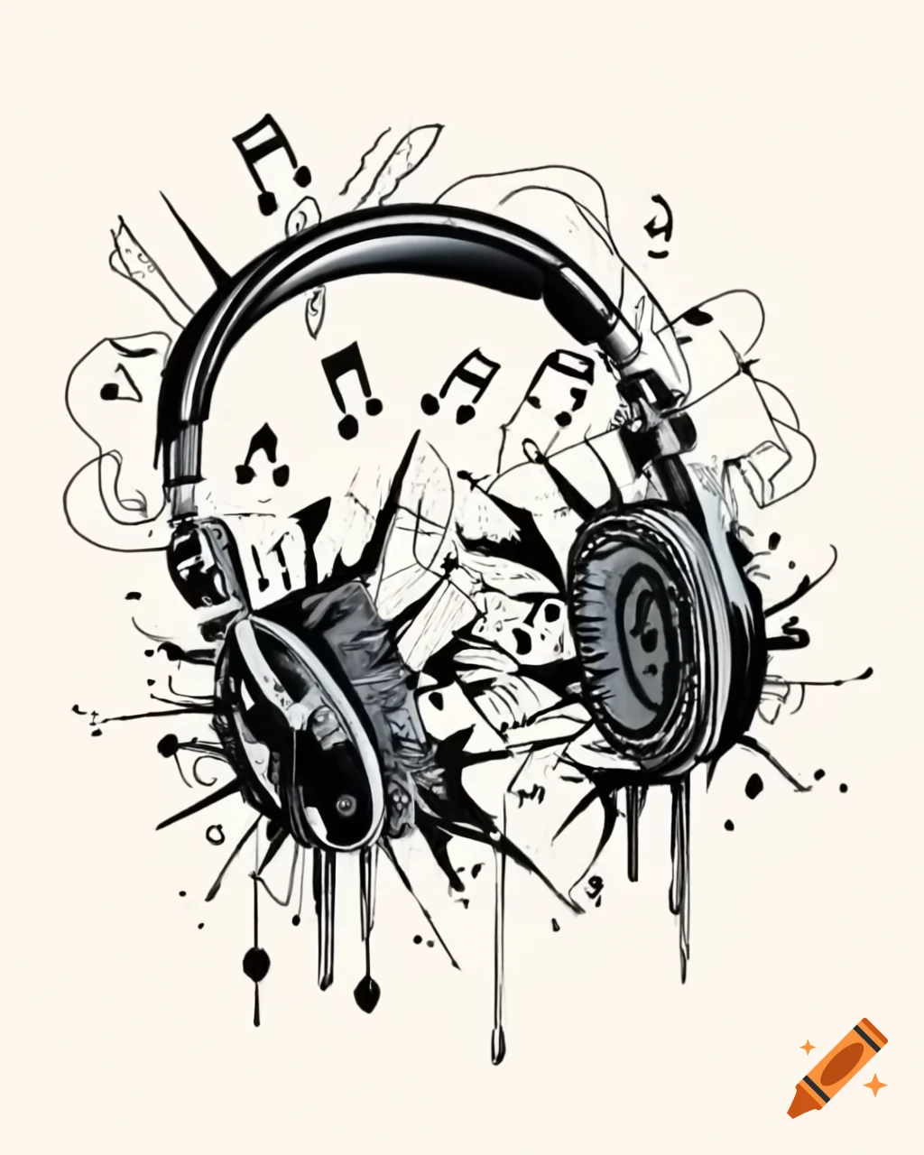 Broken black headphones with music notes and sound waves in art brut and dadaism style