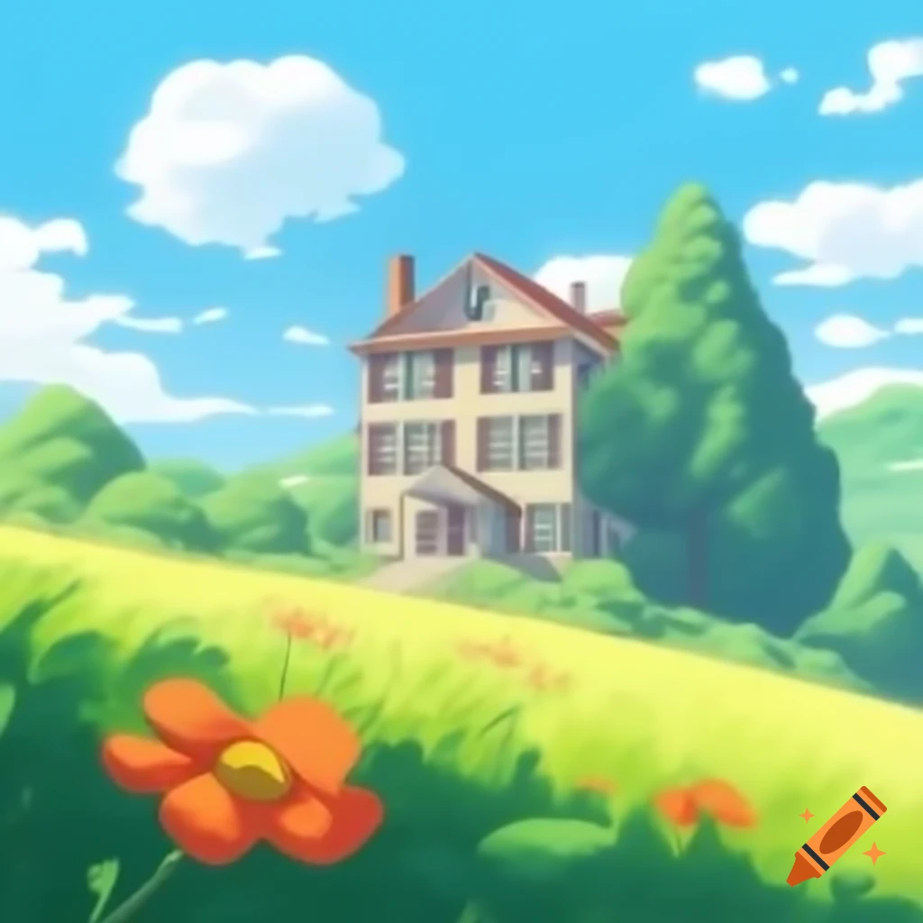 Old school house on hill with flowers on a sunny day