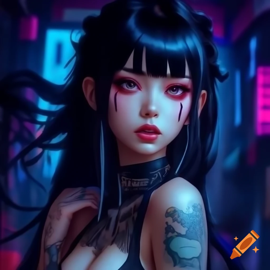 Punk-inspired young woman in dystopian fashion with black hair and crop top