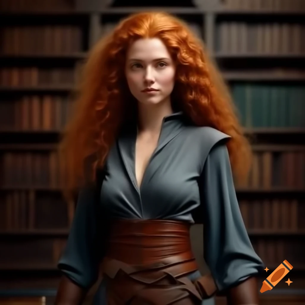 Realistic depiction of a slender female wizard with red hair in leather attire