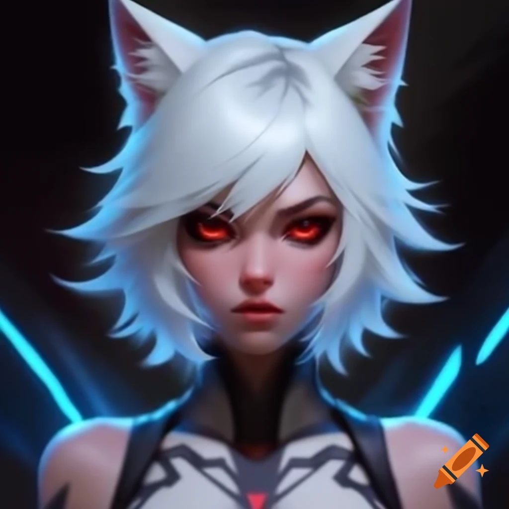 Cyberpunk girl with white hair, wolf ears, and red eyes in 4k HD