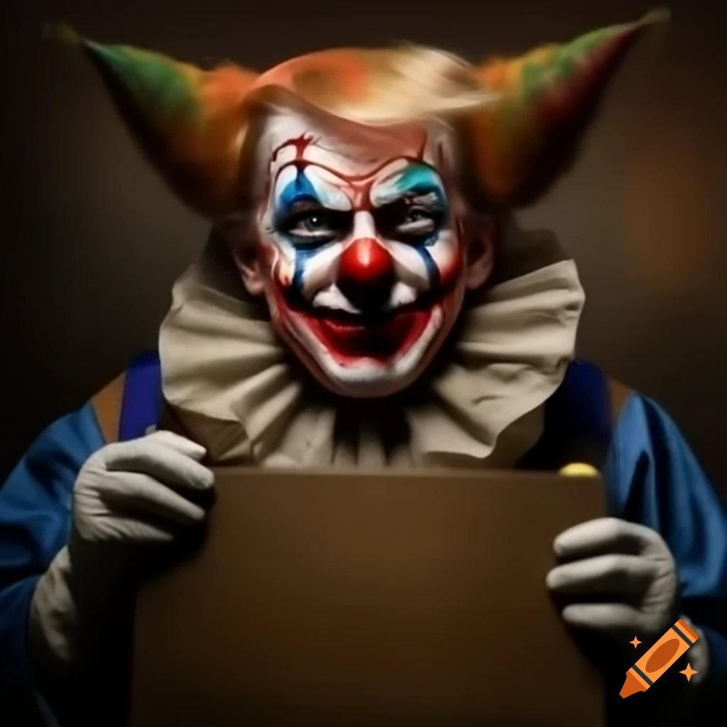 Political satire of Donald Trump resembling a clown with a big sign