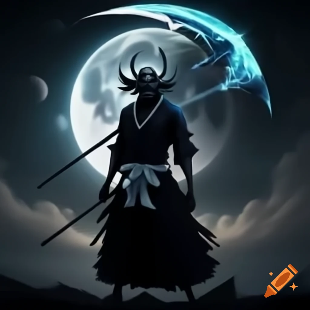 Samurai from Bleach with horned helmet and cyan scythe under moonlight