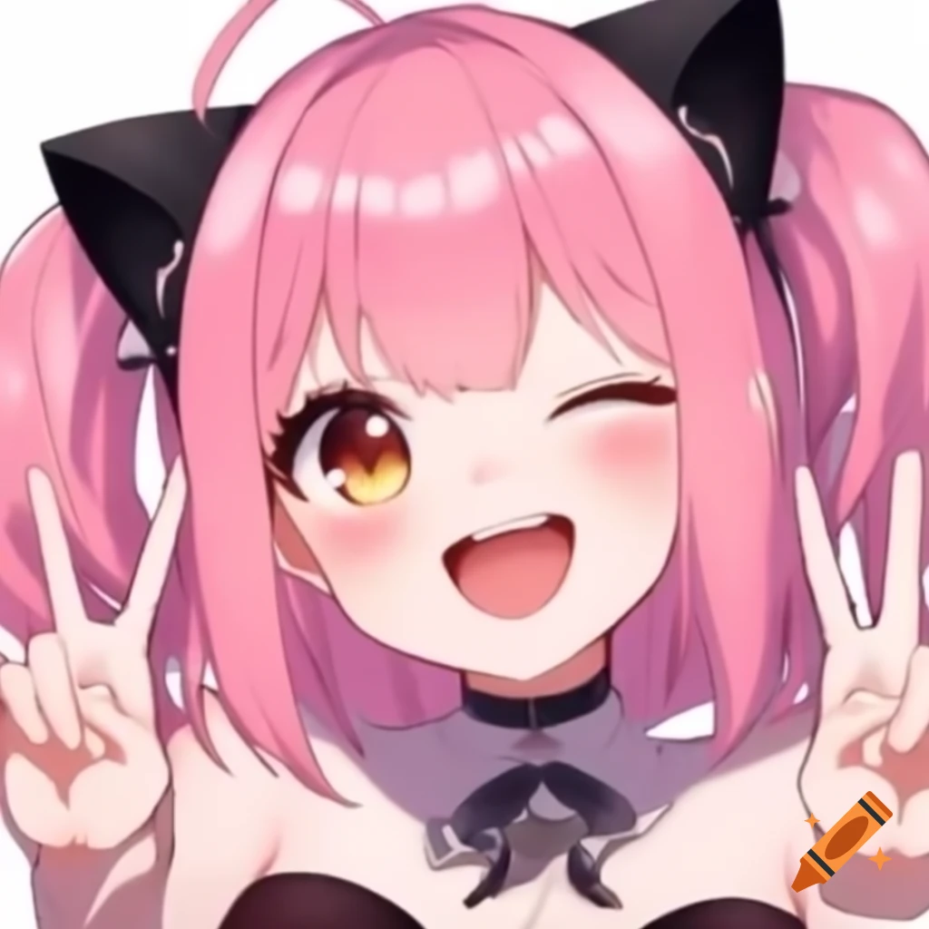 Anime girl with pink hair and cat ears smiling and making a peace sign