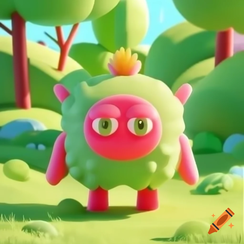 Bizarre cartoon portrait of colorful creature in vibrant park
