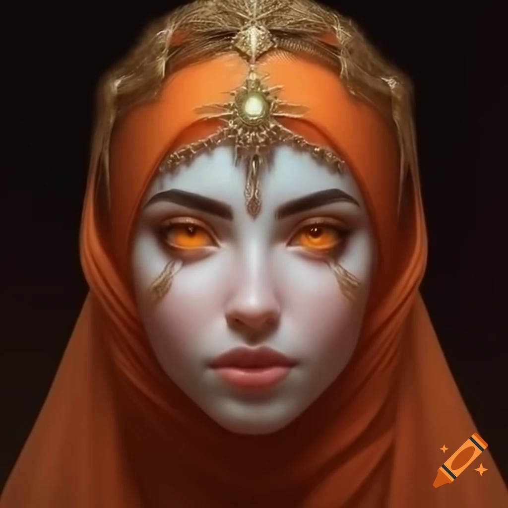 Portrait of a beautiful Muslim princess with striking features and orange accents