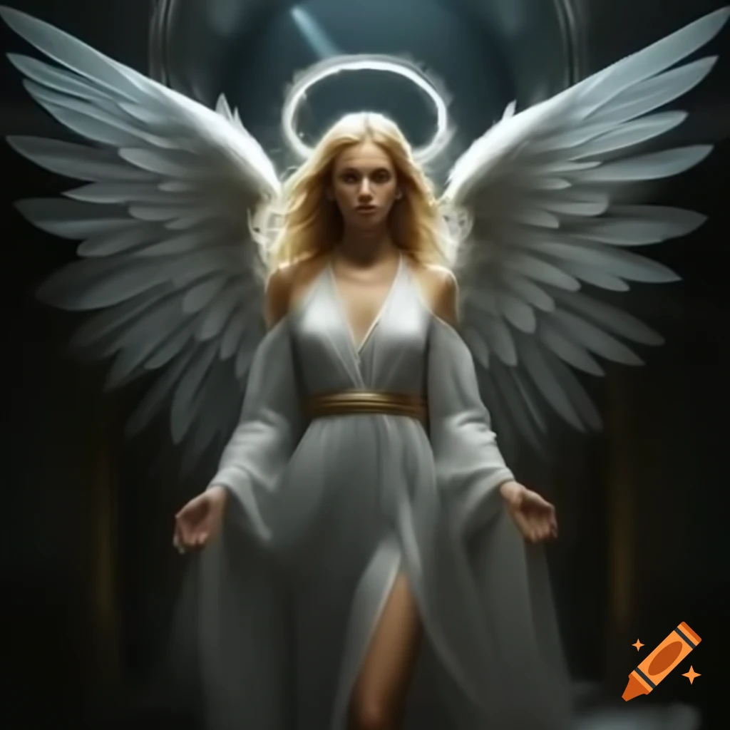 Anthropomorphic female angel in grey robes with wings and halo