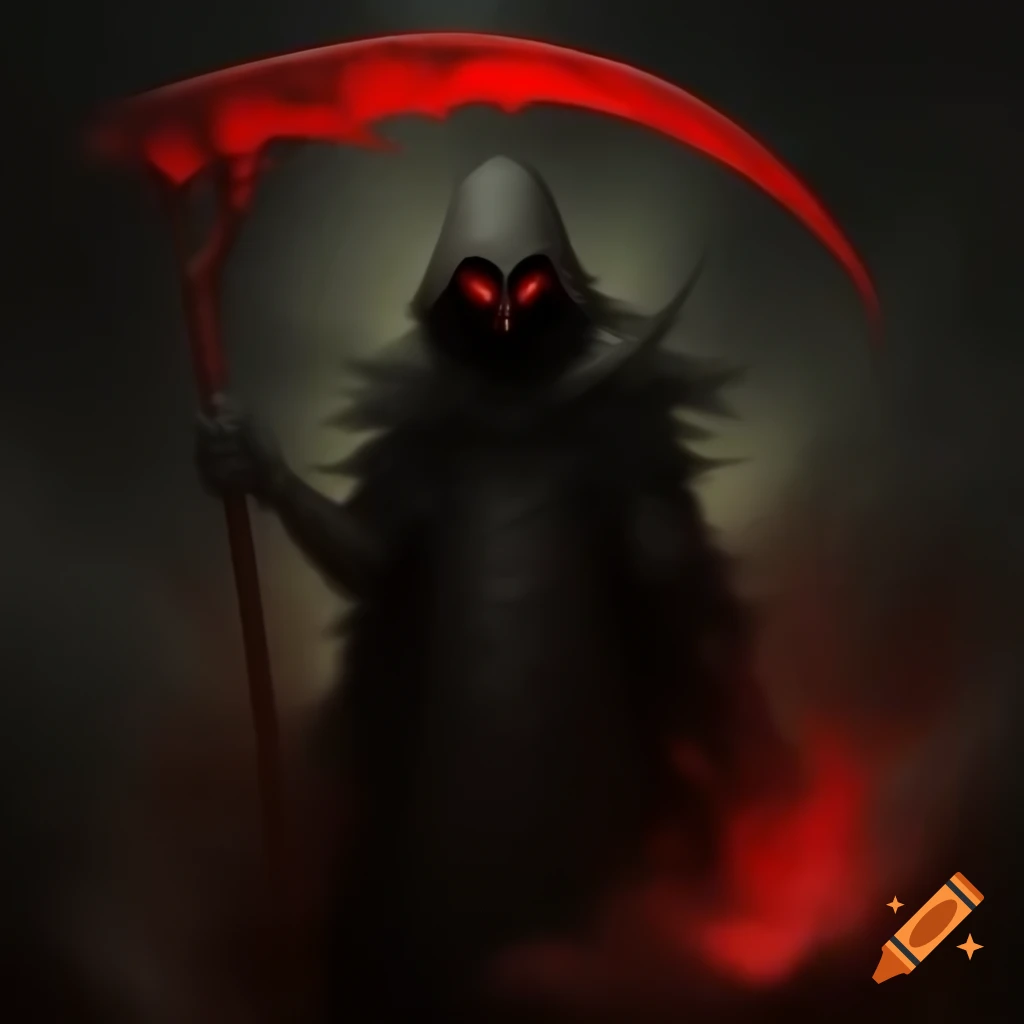 Terrifying silhouette with scythe emerging from blood-red mist