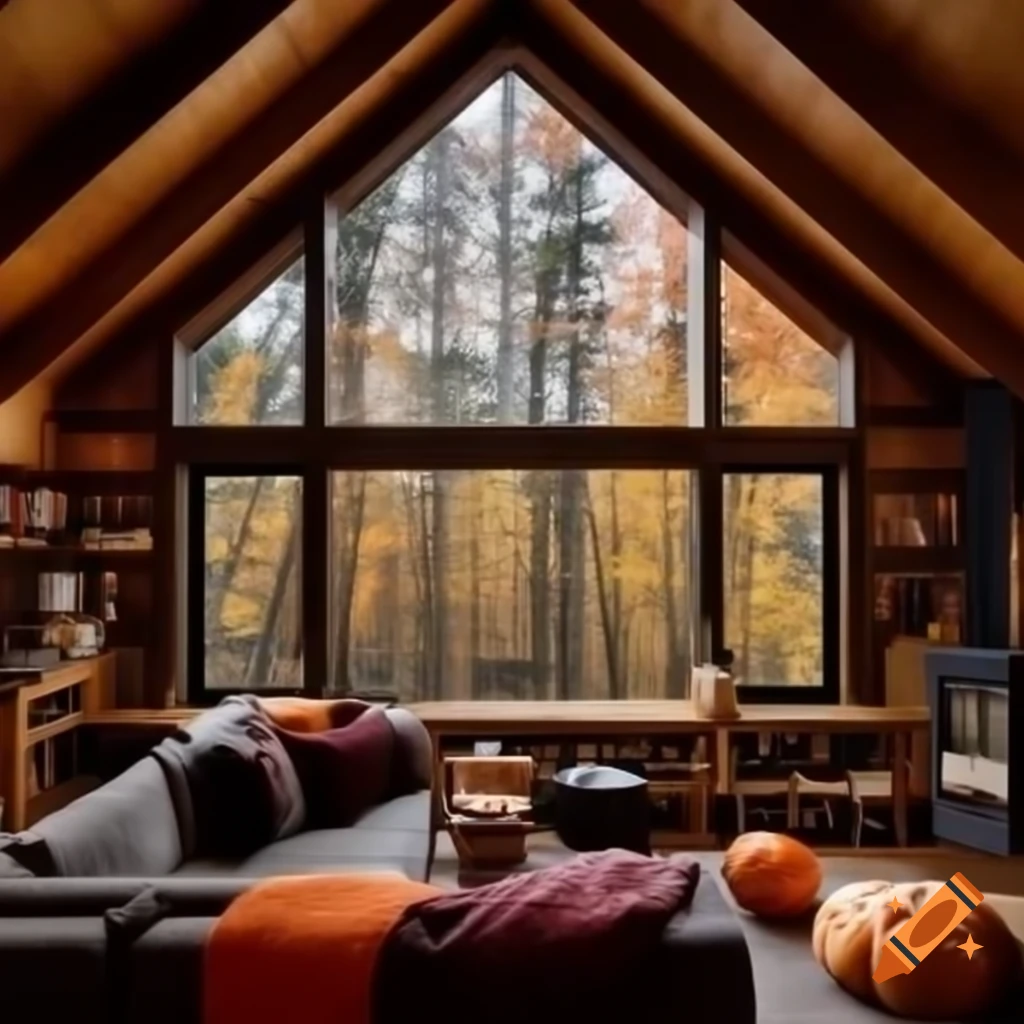 Cozy fall cabin interior with big window overlooking autumn forest, decorated with books and pumpkins