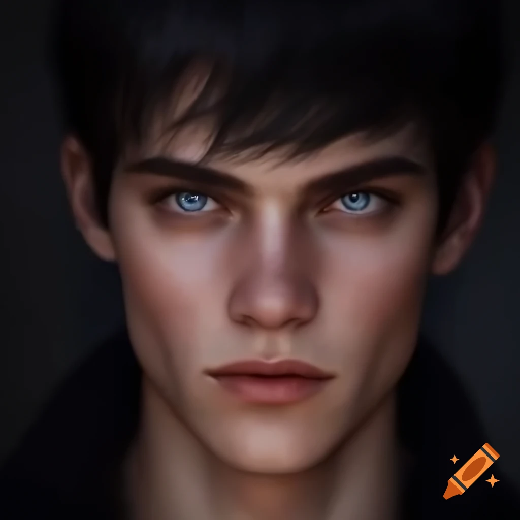 Young man with blue eyes and sharp features against unknown backdrop