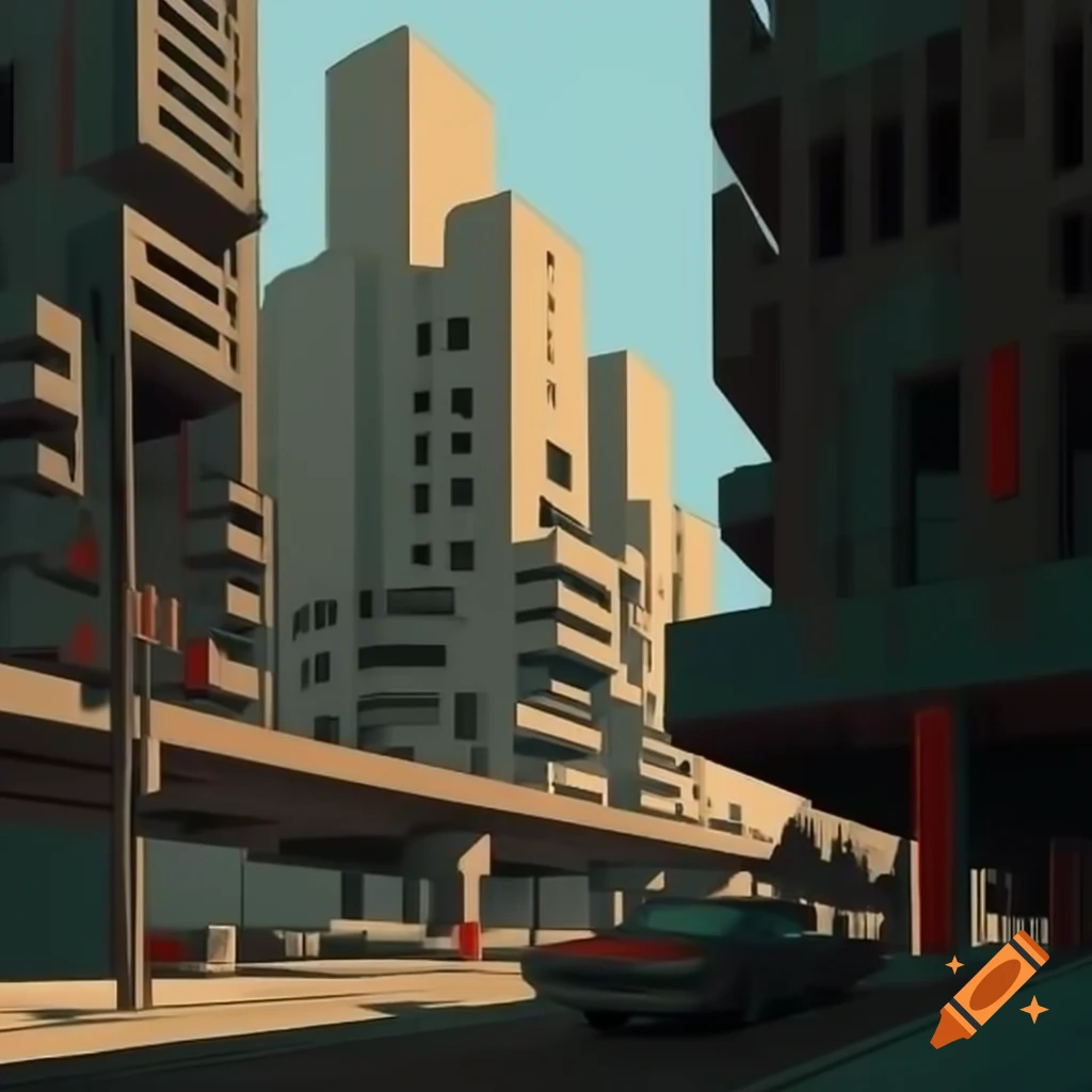 Retrofuturistic cityscape featuring brutalist architecture inspired by 1920s Avantgarde art