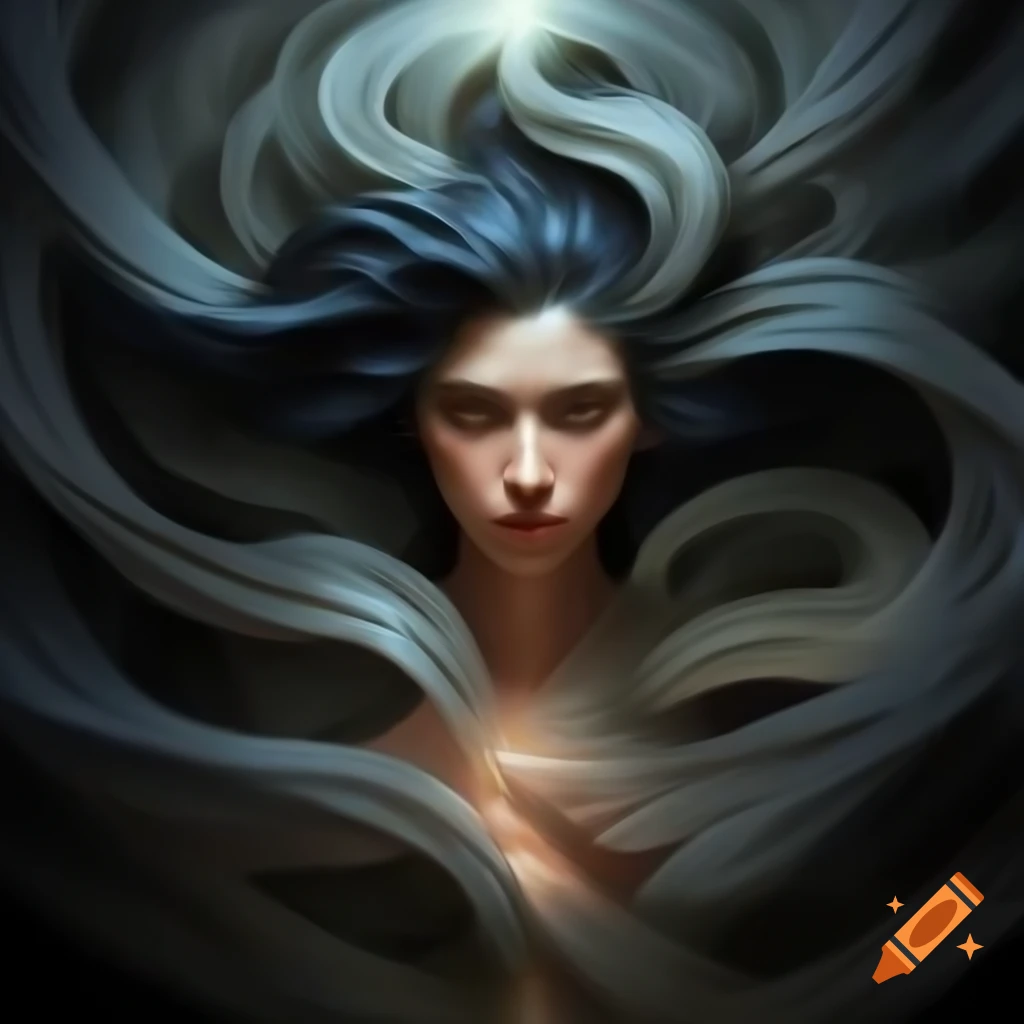 Woman with dark hair captivated by luminous spiral patterns