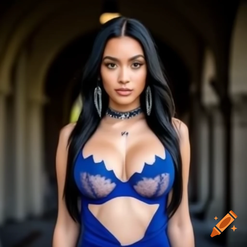 Confident young woman in blue dress and silver jewelry in arched hallway