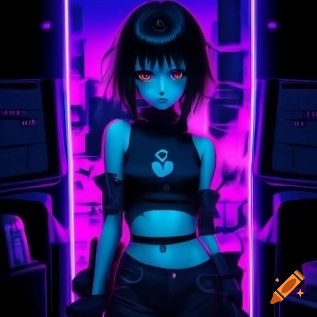Punk-inspired young woman in dystopic fashion with black hair and lowrise pants