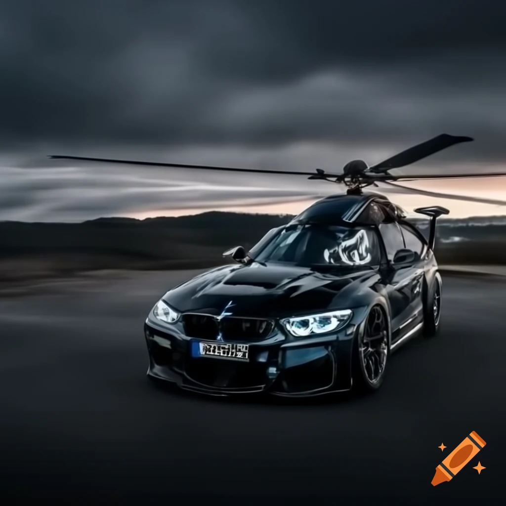 BMW helicopter parked on a runway on Craiyon
