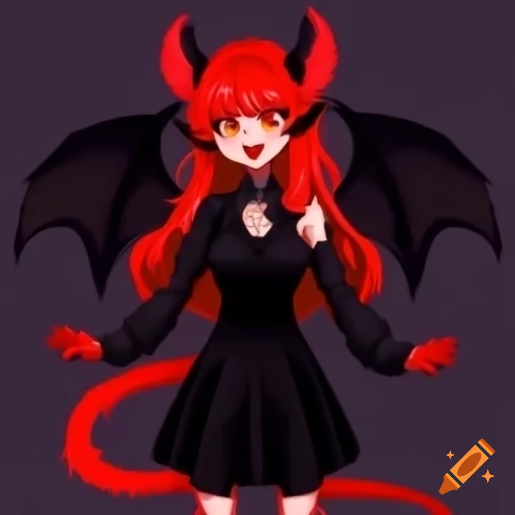 Koakuma sprite in black dress with bat-like wings and long red hair