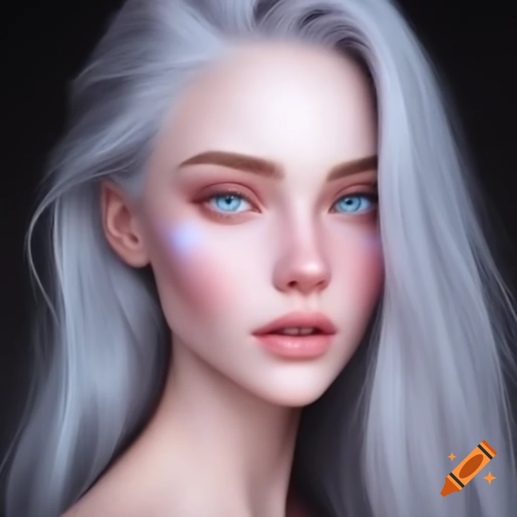Woman with pale skin, silver gray hair, and captivating blue eyes