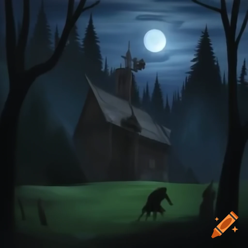 Village house with stone walls in moonlit forest with mist and shadow entity