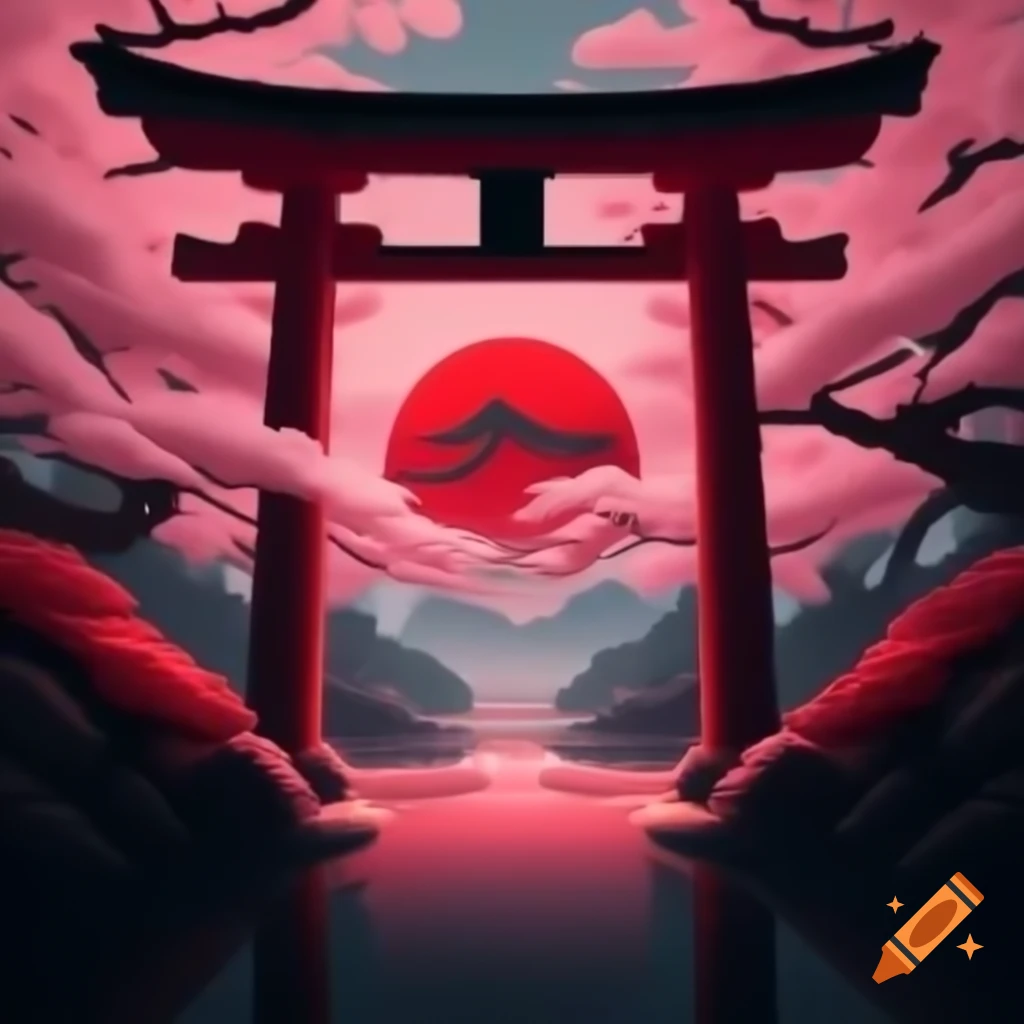 Logo design featuring red and black Japanese archway with pink cherry blossoms
