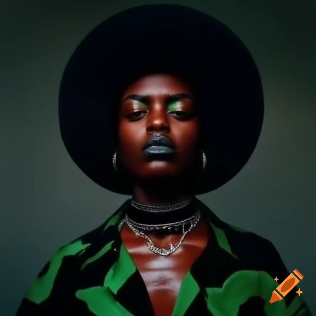 Confident black woman with Afro hairstyle in stylish outfit and jewelry