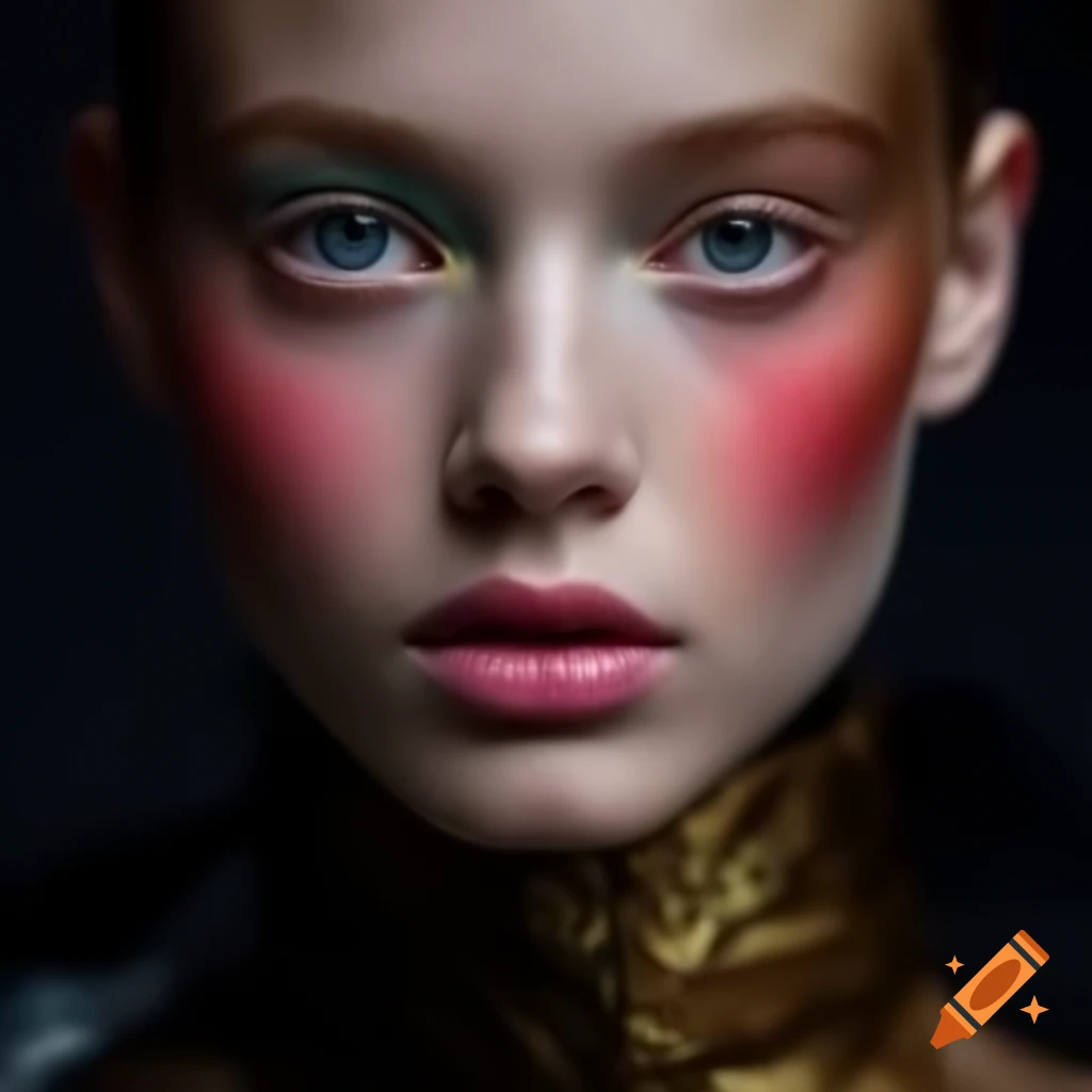 Young goddess portrait with intense gaze and extravagant fashion in dark atmosphere