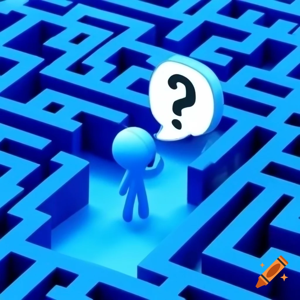 Electric blue maze with stick figure and question mark in speech bubble