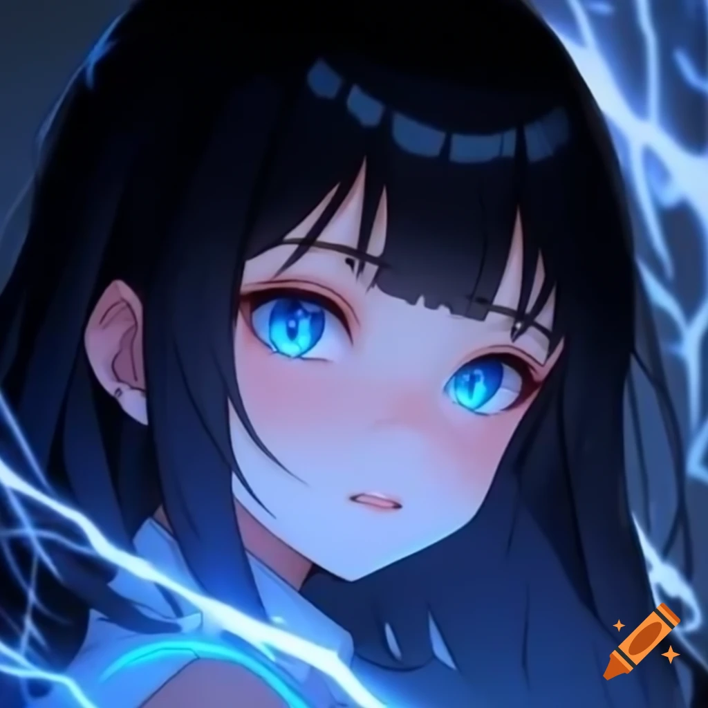 Black haired anime girl with electric blue eyes gazing at the camera