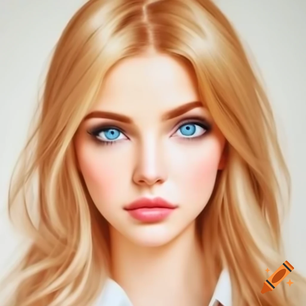Beautiful blonde woman with long wavy hair and blue eyes