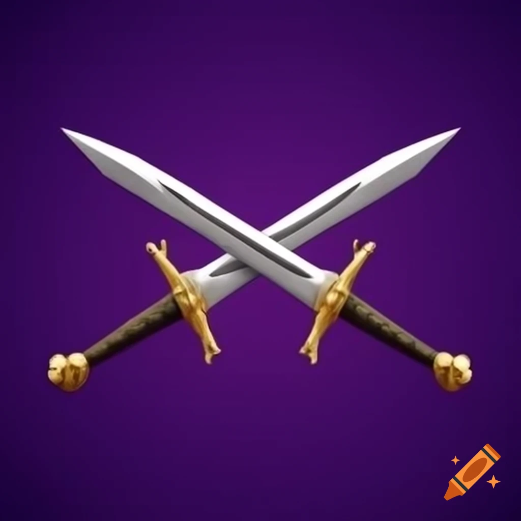 Crossed gilded cutlass swords symbol over purple background