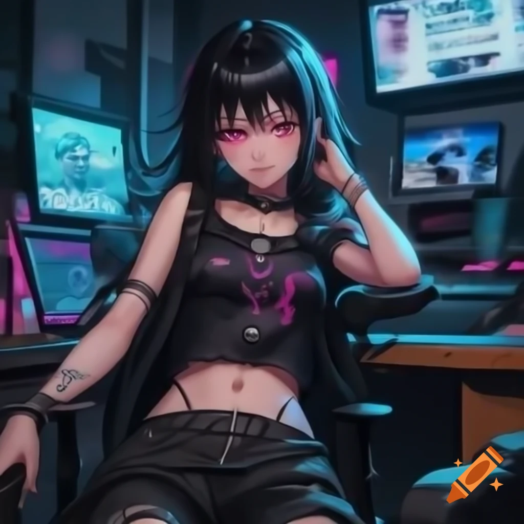 Punk-inspired young woman in dystopic fashion with black hair and lowrise pants
