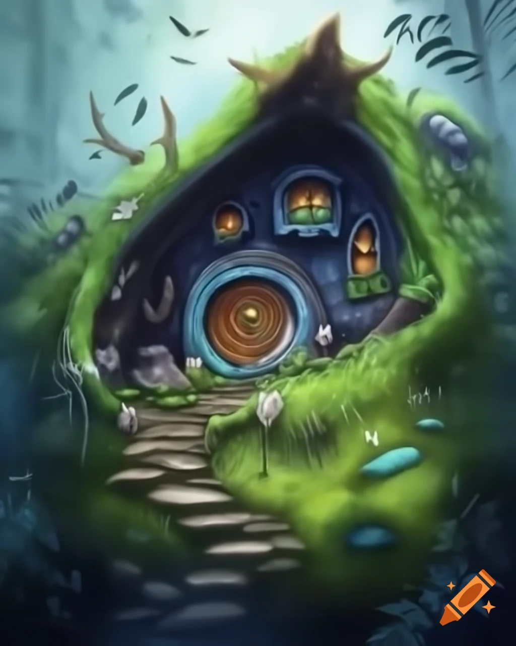 Mossy hobbit house in dark fantasy watercolor style