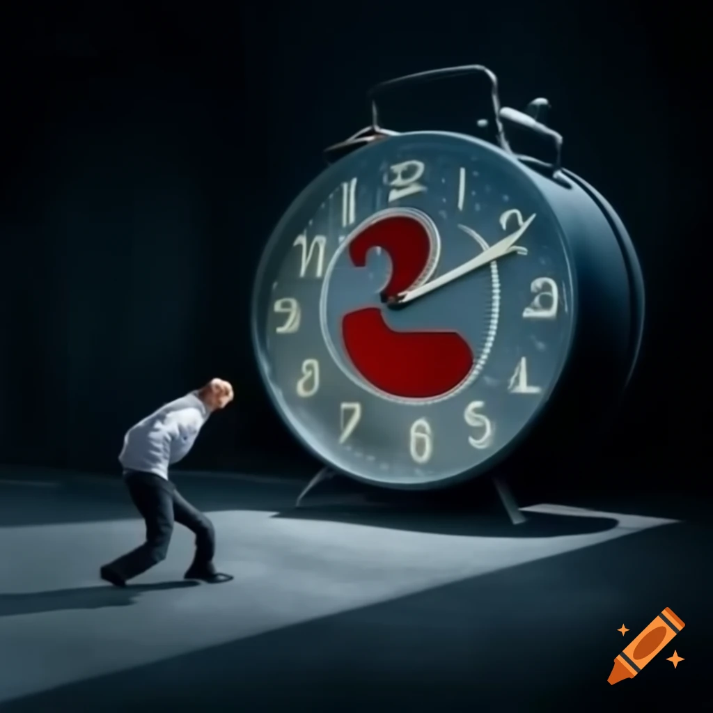 Person facing away from giant ominous clock, dramatic scene