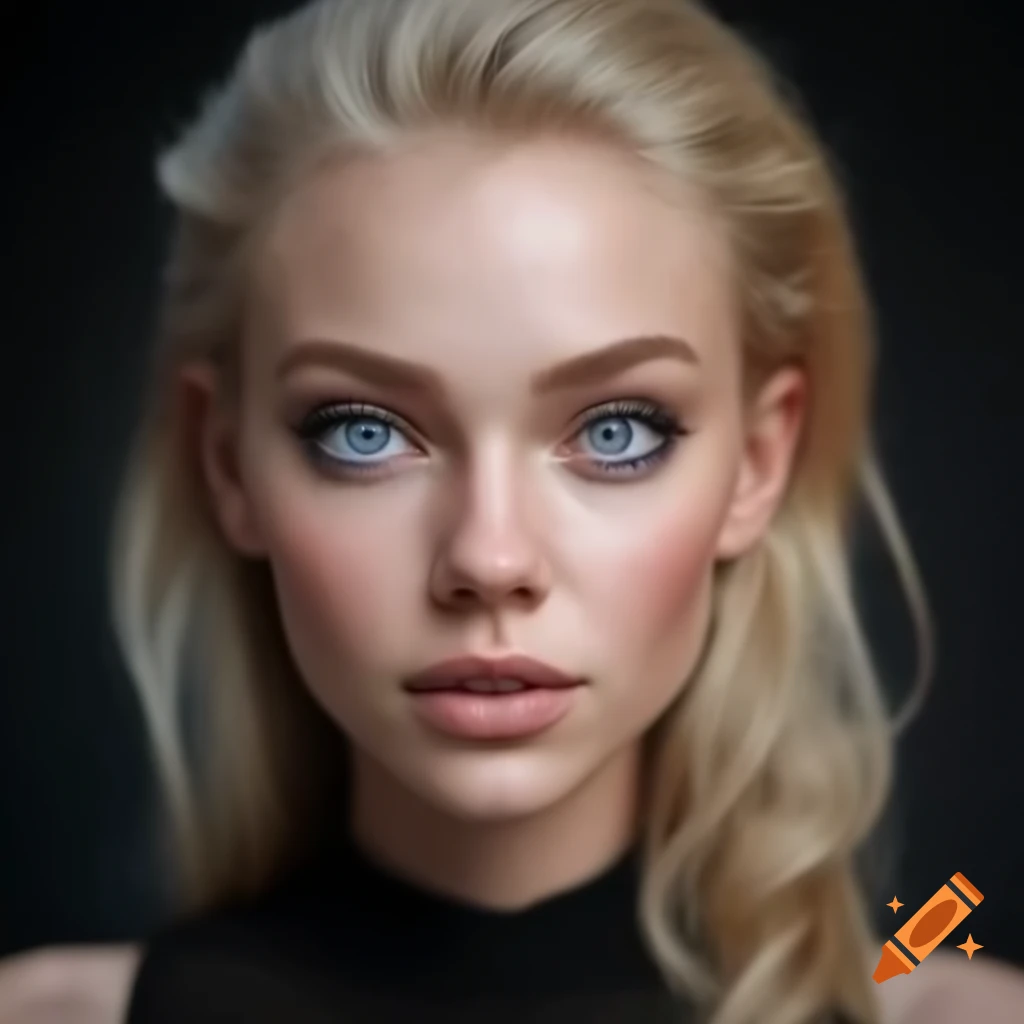 Close-up portrait of a blonde woman with blue eyes and platinum hair
