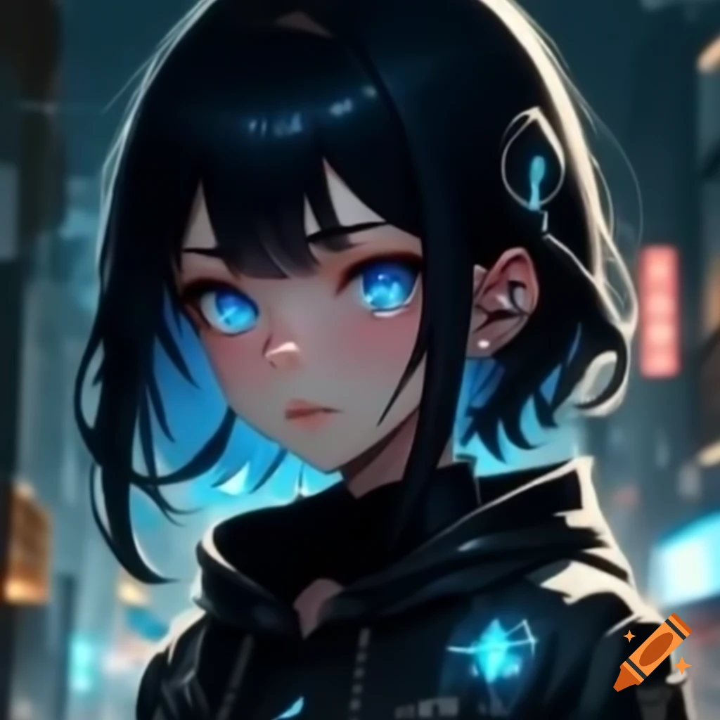 Punk anime girl with black hair and electric blue eyes in angry expression