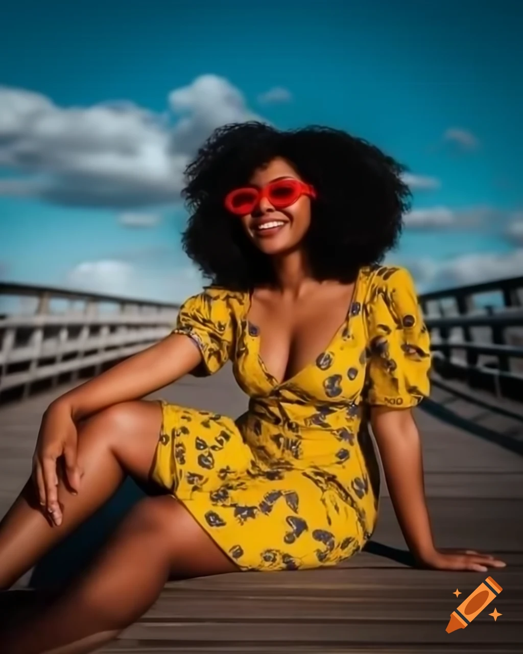 Black woman with curly hair in yellow floral sundress on sunny boardwalk