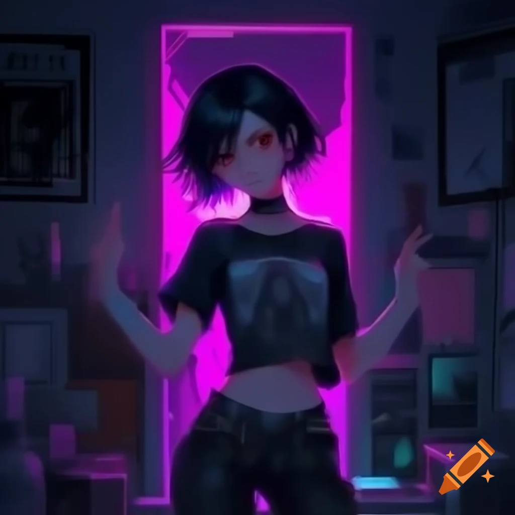 Punk-inspired young woman in dystopian fashion with lowrise pants and cropped top