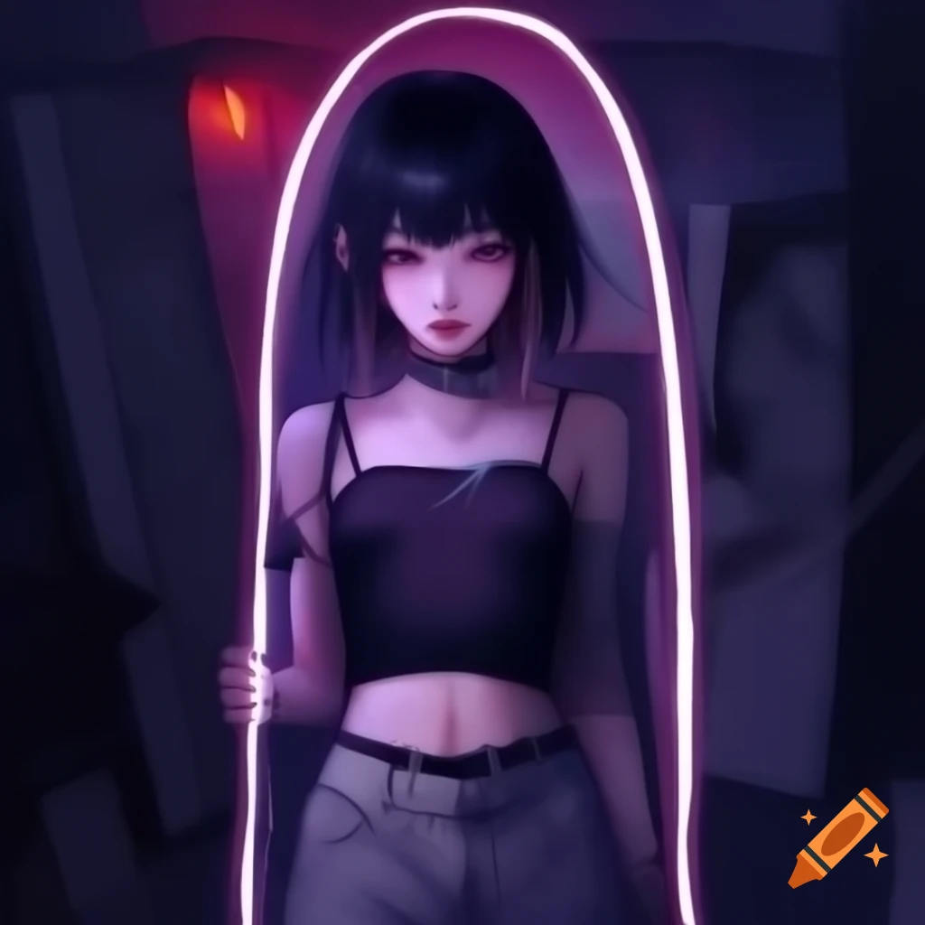 Punk-inspired young woman in dystopian fashion with black hair and low-rise pants