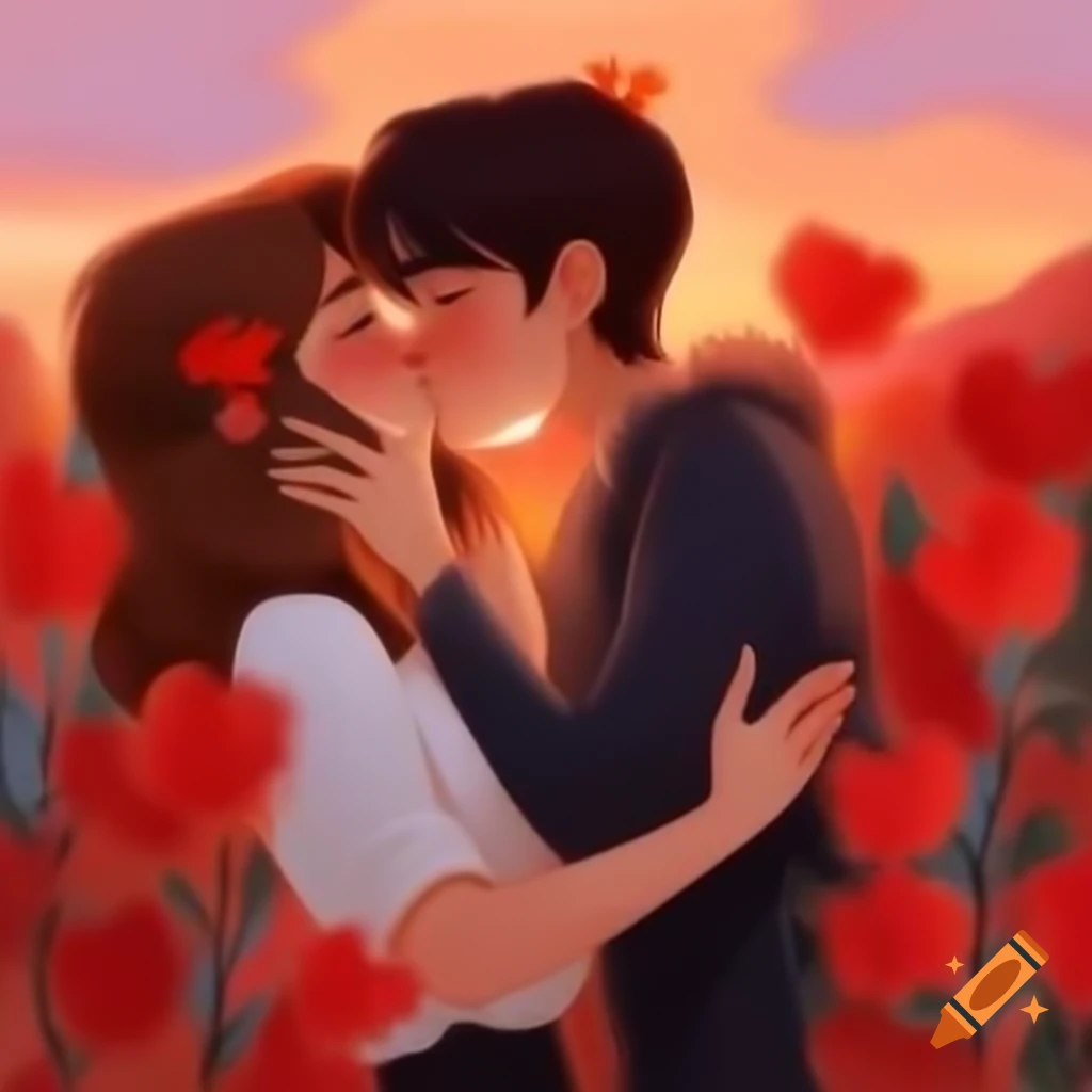 Tender kiss between two figures under a blushing sunset