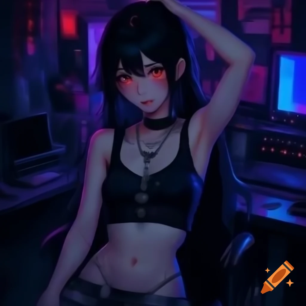 Punk-inspired young woman in dystopic fashion, black hair and lowrise pants