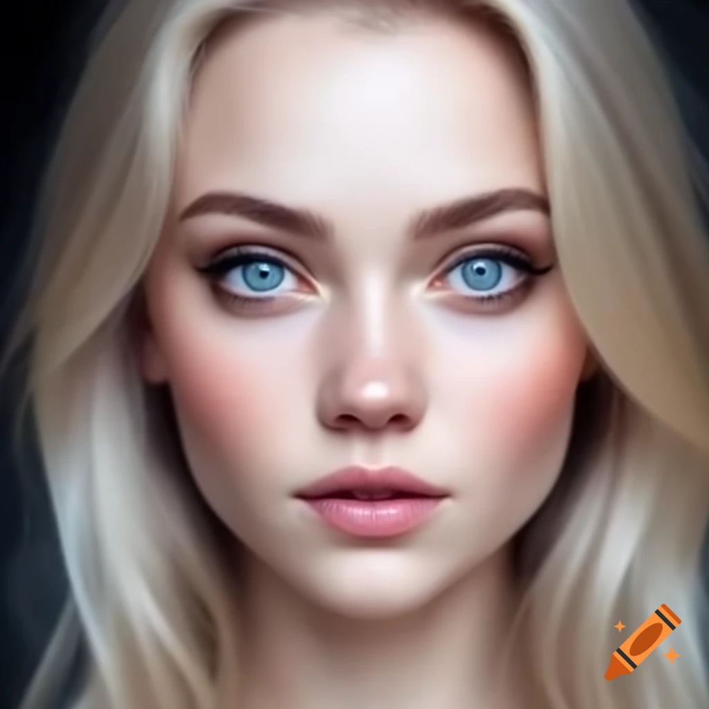 Realistic close-up portrait of a blonde woman with blue eyes