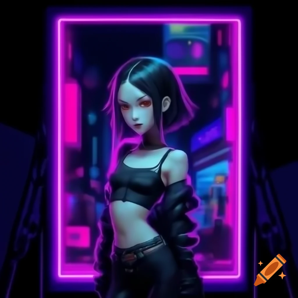 Punk-inspired young woman in dystopic fashion with black hair and crop top