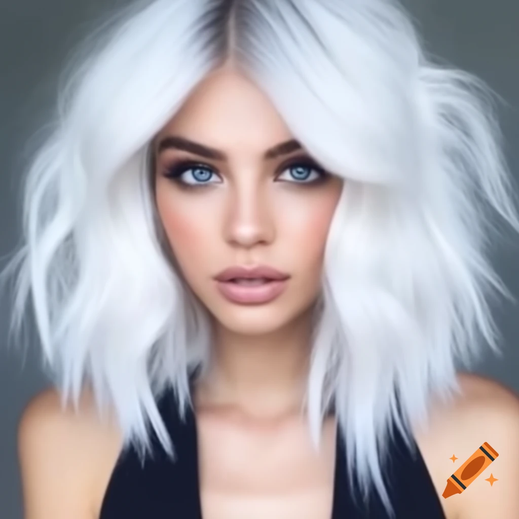 Woman with long wavy white hair and navy blue eyes