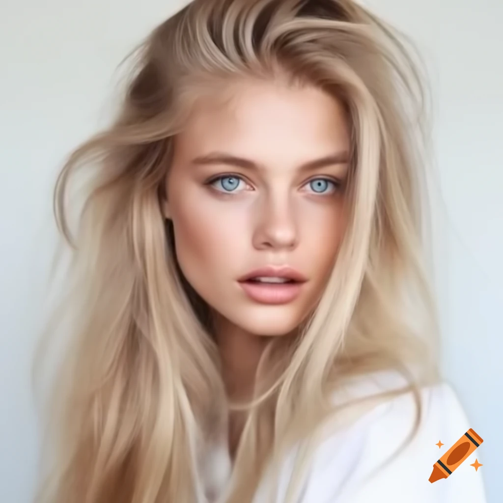 Beautiful blonde woman with long wavy hair and blue eyes