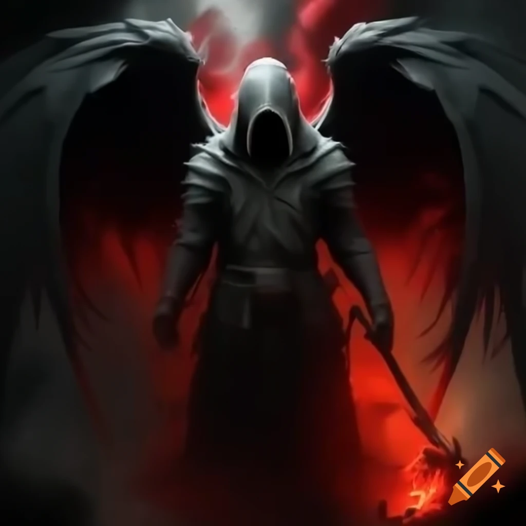 Winged reaper in red smoke with glowing crimson eyes and bloody scythe