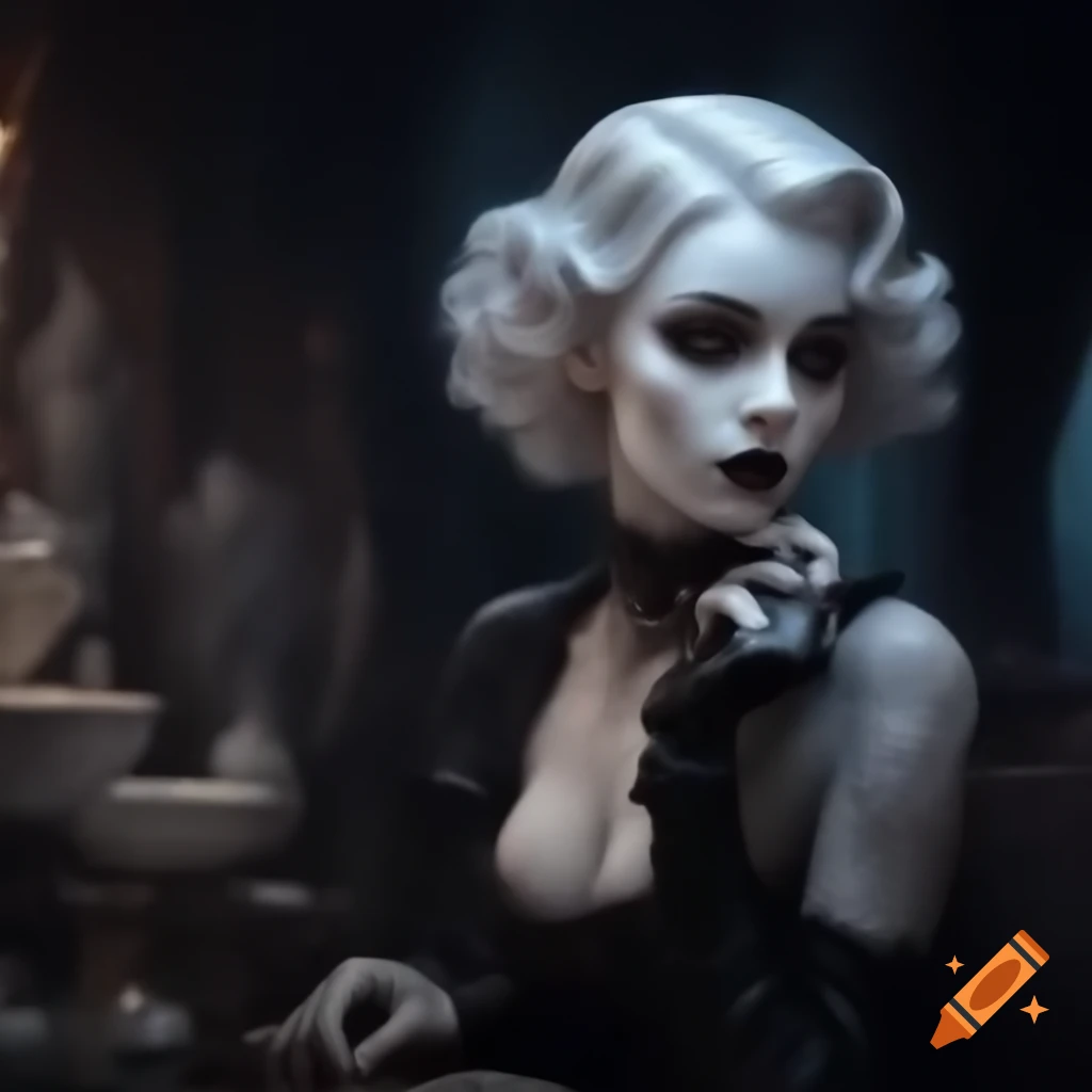 Goth woman with white curly hair in haunted mansion