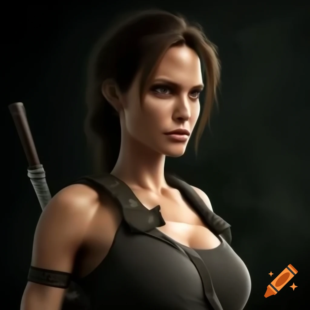 Portrait of Angelina Jolie as Lara Croft showcasing athletic physique
