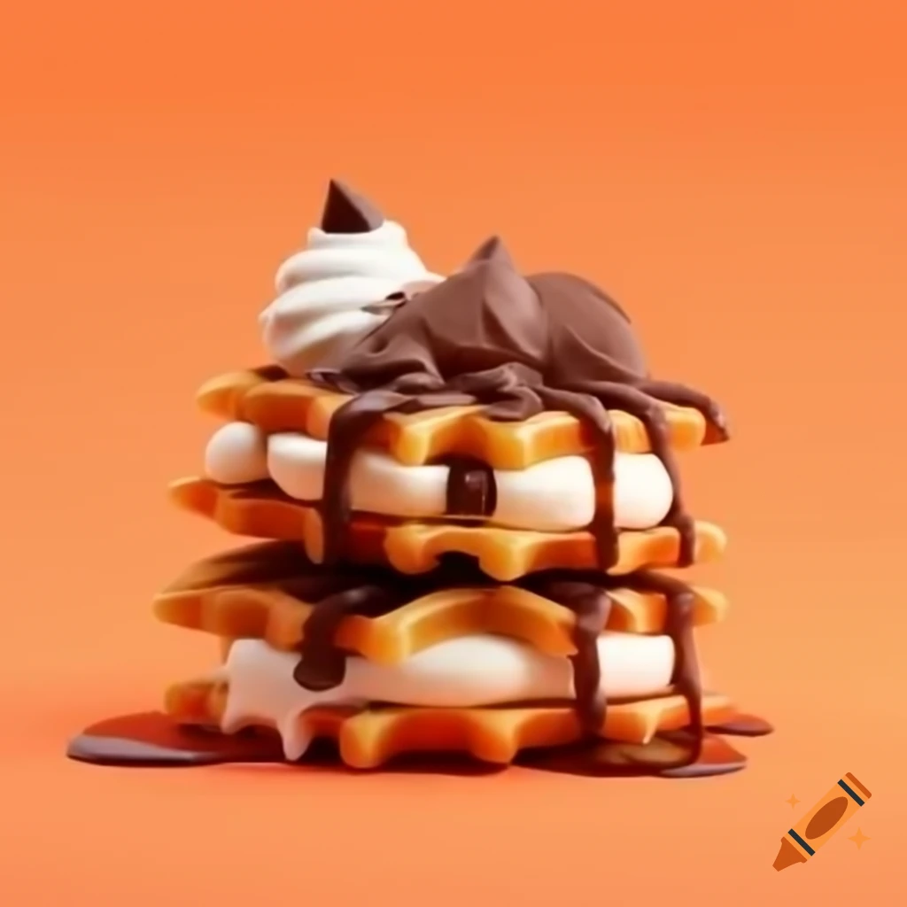 Waffle topped with whipped cream and chocolate syrup on orange background