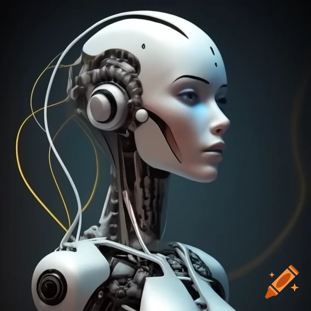 Simplistic mascot drawing of silver robot-like woman's head with hair of electrical cords